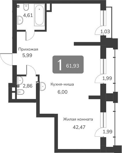Планировка своб. план. 61.93 м² в ЖК «Марсель-2»