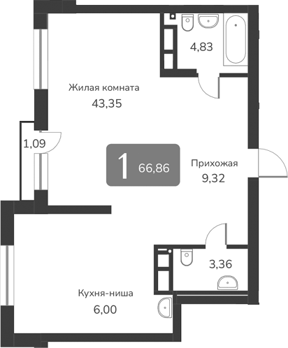 Планировка своб. план. 66.86 м² в ЖК «Марсель-2»