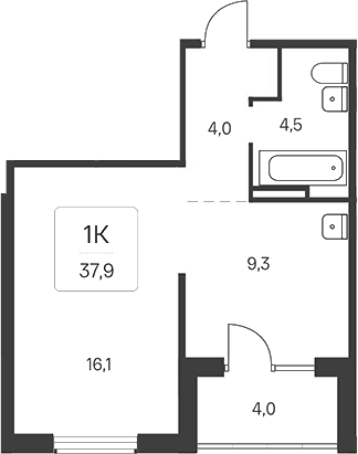 Планировка 1-к.кв 33.90 м² в ЖК «Расцветай у Академгородка»