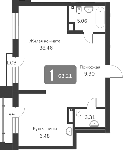 Планировка своб. план. 63.21 м² в ЖК «Марсель-2»