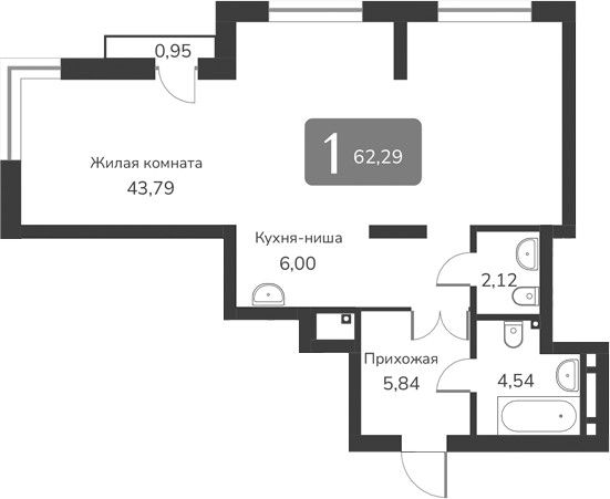 Планировка своб. план. 62.29 м² в ЖК «Марсель-2»
