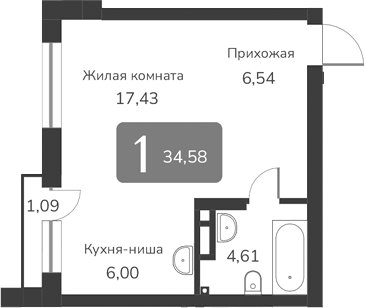 Планировка своб. план. 34.58 м² в ЖК «Марсель-2»