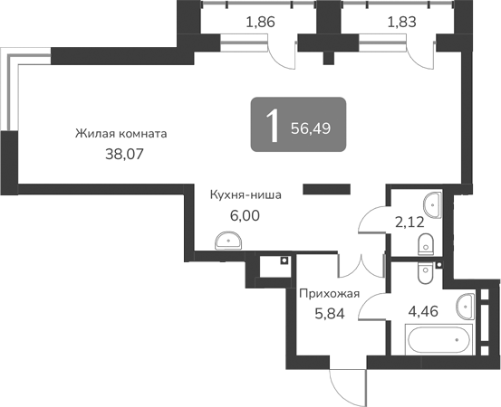 Планировка своб. план. 56.49 м² в ЖК «Марсель-2»