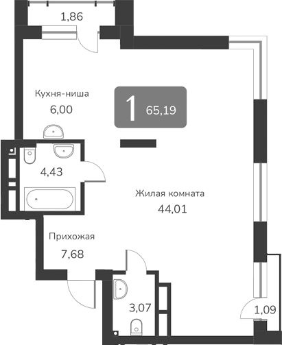 Планировка своб. план. 65.19 м² в ЖК «Марсель-2»