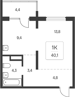 Планировка 1-к.кв 35.70 м² в ЖК «Расцветай у Академгородка»