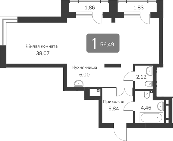 Планировка своб. план. 56.49 м² в ЖК «Марсель-2»
