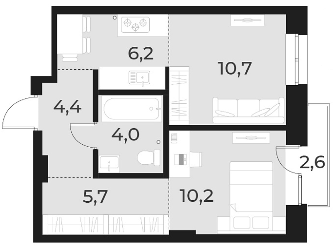 Планировка 2е-к. квартира 41.20 м² в ЖК «Русское солнце»