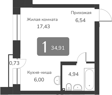 Планировка своб. план. 34.91 м² в ЖК «Марсель-2»
