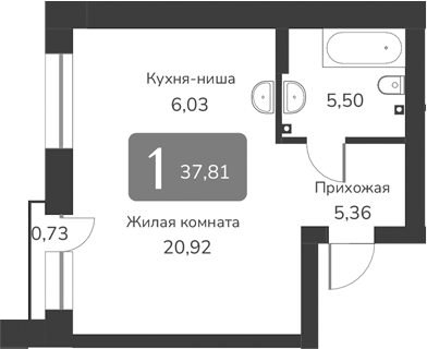Планировка своб. план. 37.81 м² в ЖК «Марсель-2»