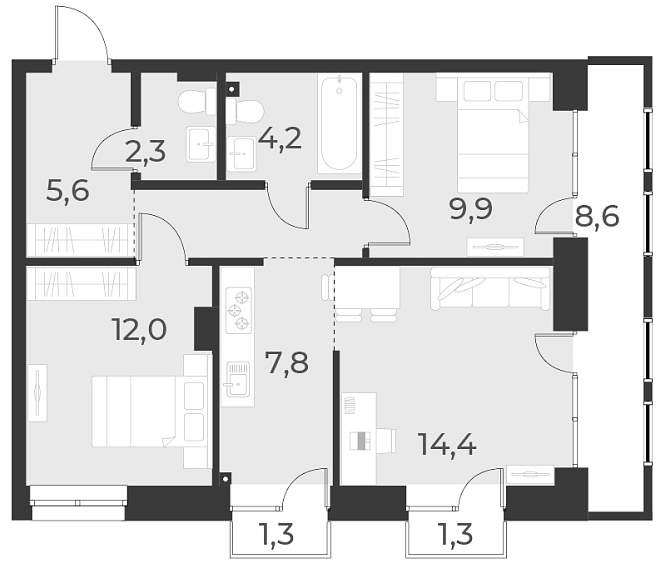 Планировка 3е-к.кв 60.60 м² в ЖК «Русское солнце»