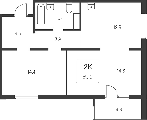 Планировка 3е-к.кв 54.90 м² в ЖК «Расцветай у Академгородка»