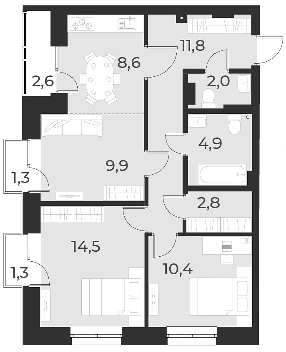 Планировка 3-к. квартира 64.90 м² в ЖК «Русское солнце»