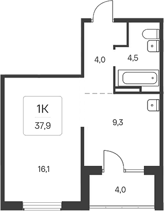 Планировка 1-к. квартира 33.90 м² в ЖК «Расцветай у Академгородка»