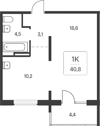 Планировка 1-к.кв 36.40 м² в ЖК «Расцветай у Академгородка»