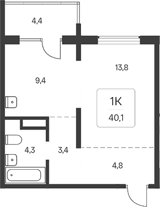 Планировка 1-к. квартира 35.70 м² в ЖК «Расцветай у Академгородка»