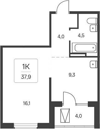 Планировка 1-к. квартира 33.90 м² в ЖК «Расцветай у Академгородка»