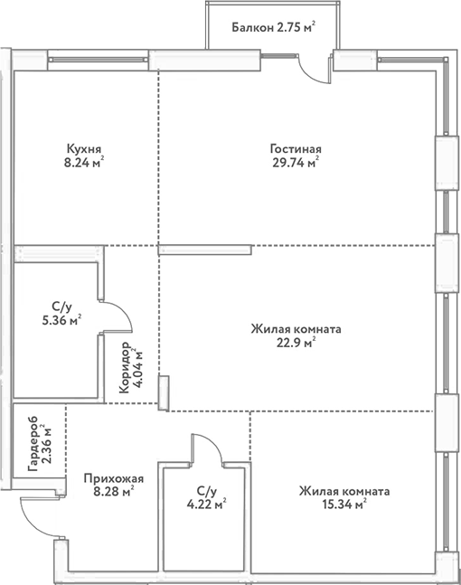 Планировка 3е-к.кв 100.48 м² в ЖК «Flora&Fauna»