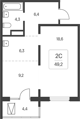 Планировка 2е-к. квартира 44.80 м² в ЖК «Расцветай у Академгородка»