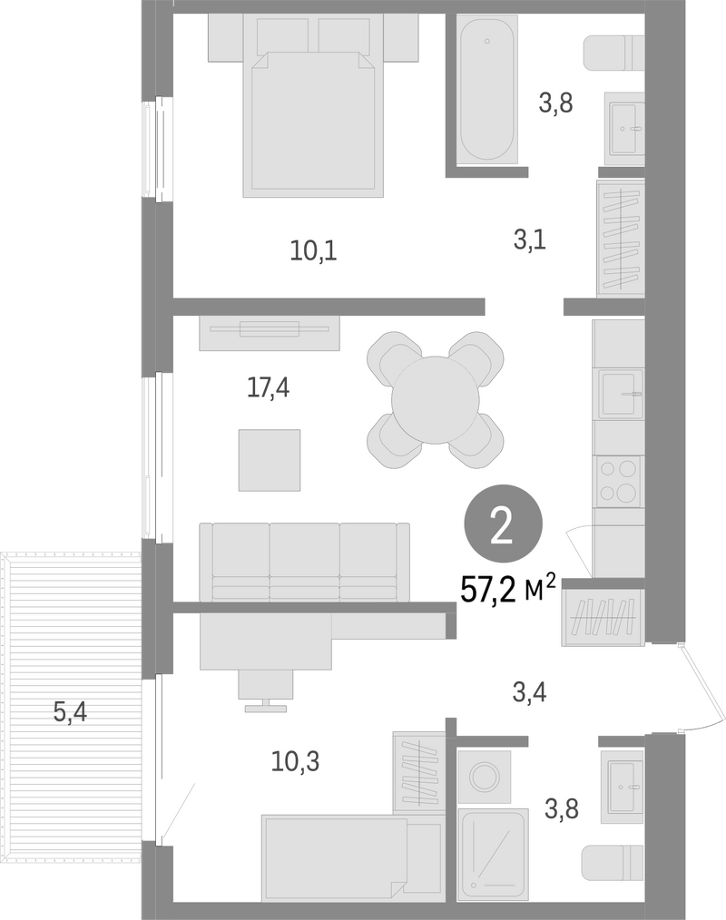 Планировка 3е-к. квартира 51.80 м² в ЖК «Пшеница»
