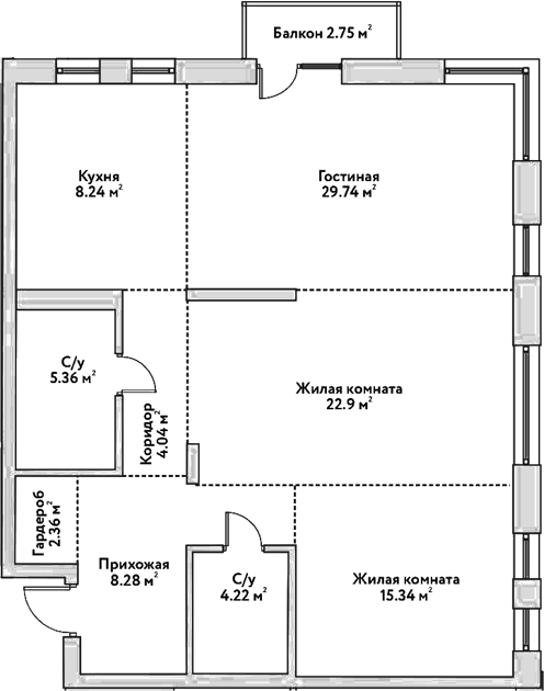 Планировка 3е-к.кв 100.48 м² в ЖК «Flora&Fauna»
