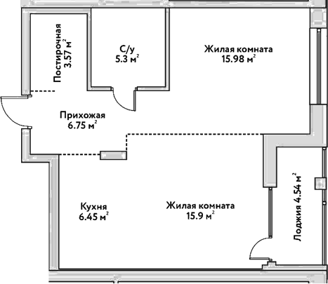 Планировка 2е-к.кв 53.98 м² в ЖК «Flora&Fauna»