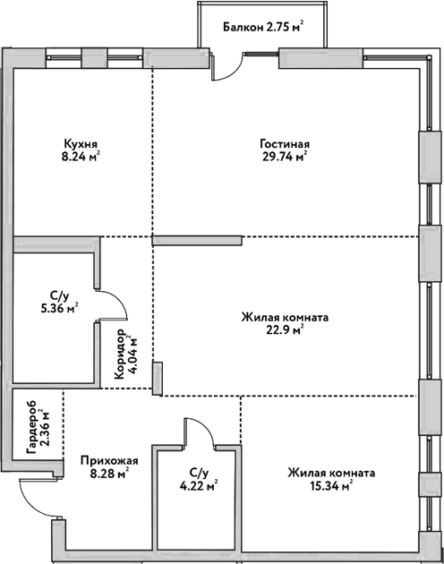 Планировка 3е-к.кв 100.48 м² в ЖК «Flora&Fauna»