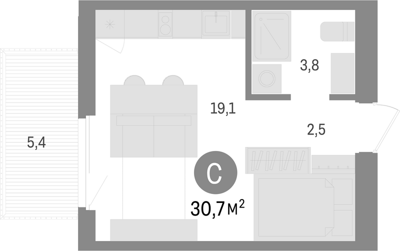 Планировка студия 25.30 м² в ЖК «Пшеница»