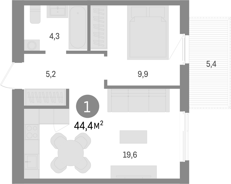 Планировка 2е-к. квартира 39.00 м² в ЖК «Пшеница»