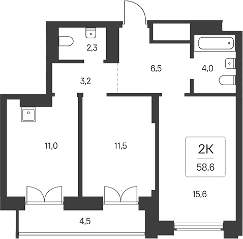 Планировка 2-к. квартира 54.10 м² в ЖК «Расцветай на Кропоткина»