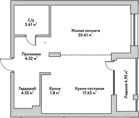 Планировка 2е-к.кв 56.32 м² в ЖК «Flora&Fauna»
