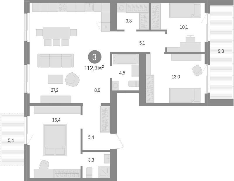 Планировка 4е-к.кв 97.60 м² в ЖК «Пшеница»