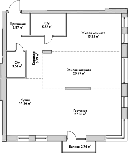 Планировка 3е-к.кв 100.13 м² в ЖК «Flora&Fauna»