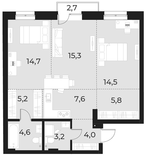 Планировка 3е-к.кв 74.90 м² в ЖК «Русское солнце»