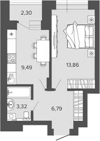 Планировка 1-к.кв 33.46 м² в ЖК «Прованс»