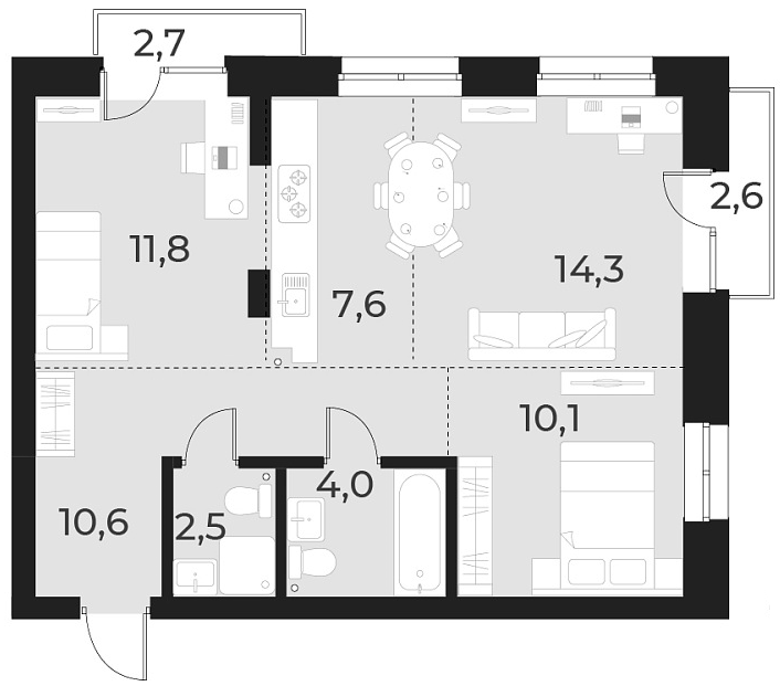 Планировка 3е-к.кв 60.90 м² в ЖК «Русское солнце»