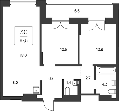 Планировка 3е-к. квартира 61.00 м² в ЖК «Расцветай на Кропоткина»