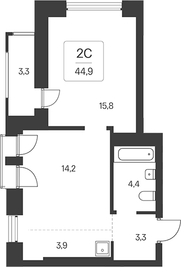 Планировка 2е-к. квартира 41.60 м² в ЖК «Расцветай на Кропоткина»