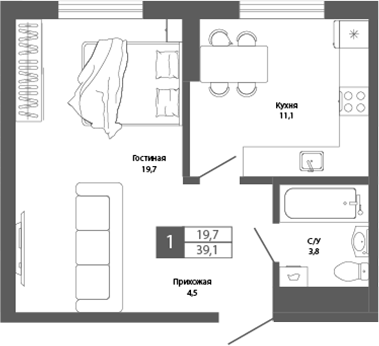 Планировка 1-к.кв 39.10 м² в ЖК «Шория-Град. Шерегеш»