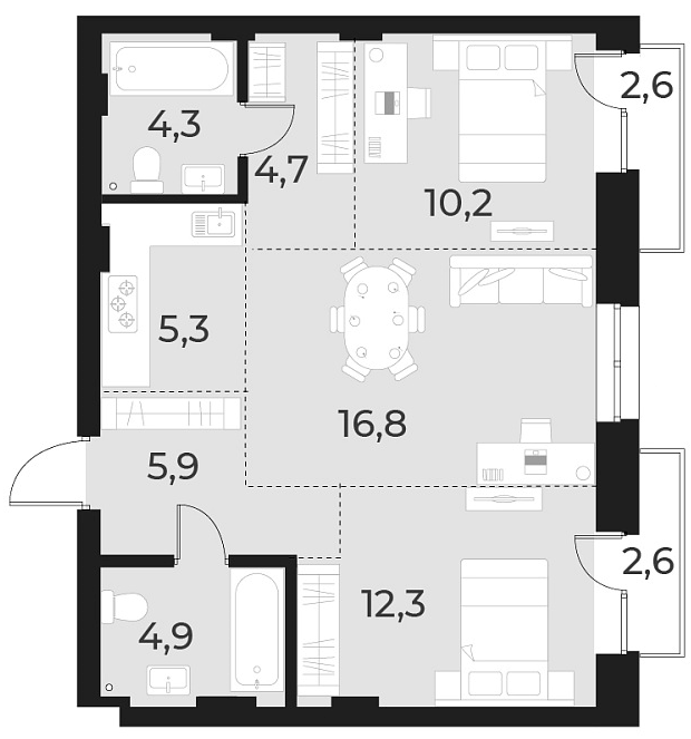 Планировка 3е-к.кв 64.40 м² в ЖК «Русское солнце»