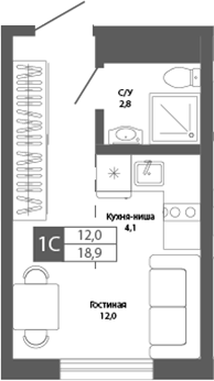 Планировка студии 18.90 м² в ЖК «Шория-Град. Шерегеш»