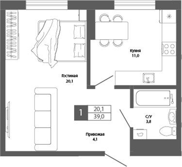 Планировка 1-к.кв 39.00 м² в ЖК «Шория-Град. Шерегеш»