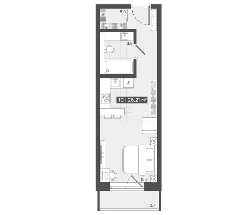 Планировка студии 25.40 м² в ЖК «Алтын-Шор»
