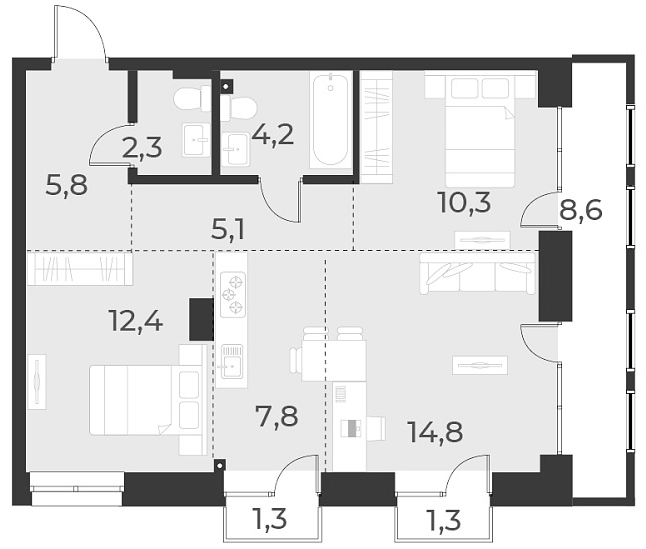 Планировка 3е-к. квартира 62.70 м² в ЖК «Русское солнце»