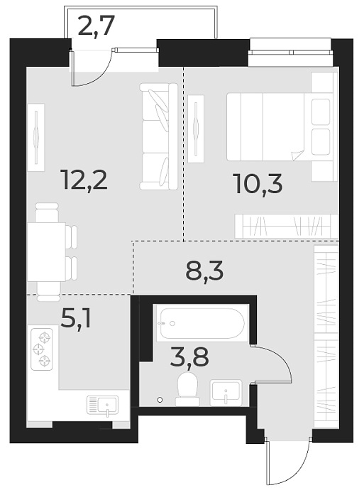 Планировка 2е-к. квартира 39.70 м² в ЖК «Русское солнце»