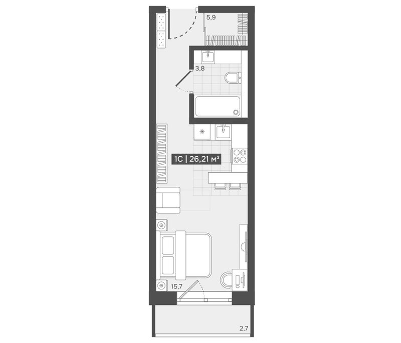 Планировка студия 25.40 м² в ЖК «Алтын-Шор»