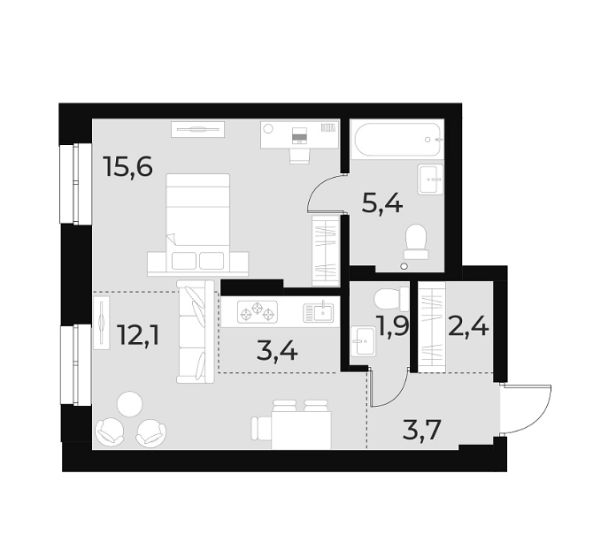 Планировка 2е-к.кв 44.50 м² в ЖК «Русское солнце»