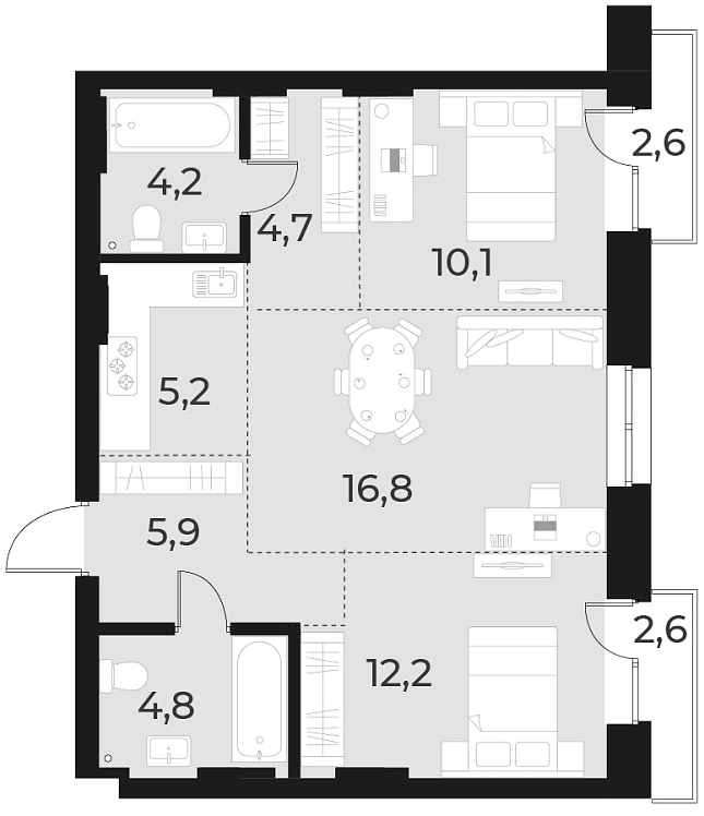 Планировка 3е-к. квартира 63.90 м² в ЖК «Русское солнце»