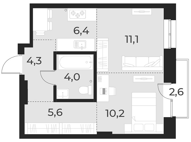 Планировка 2е-к. квартира 41.60 м² в ЖК «Русское солнце»