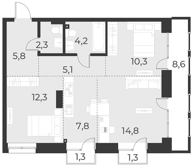 Планировка 3е-к.кв 62.60 м² в ЖК «Русское солнце»
