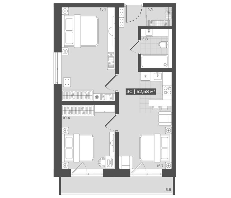 Планировка 3е-к.кв 50.90 м² в ЖК «Алтын-Шор»
